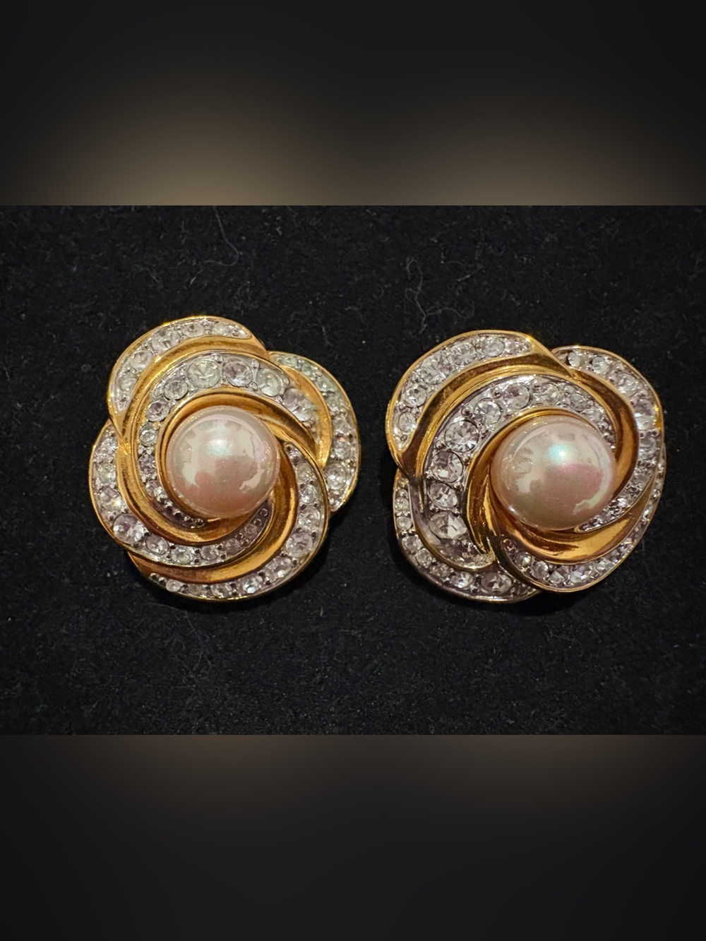 Vintage, Signed, Nolan Miller Pearl & Crystal Swirl Clip On Earrings